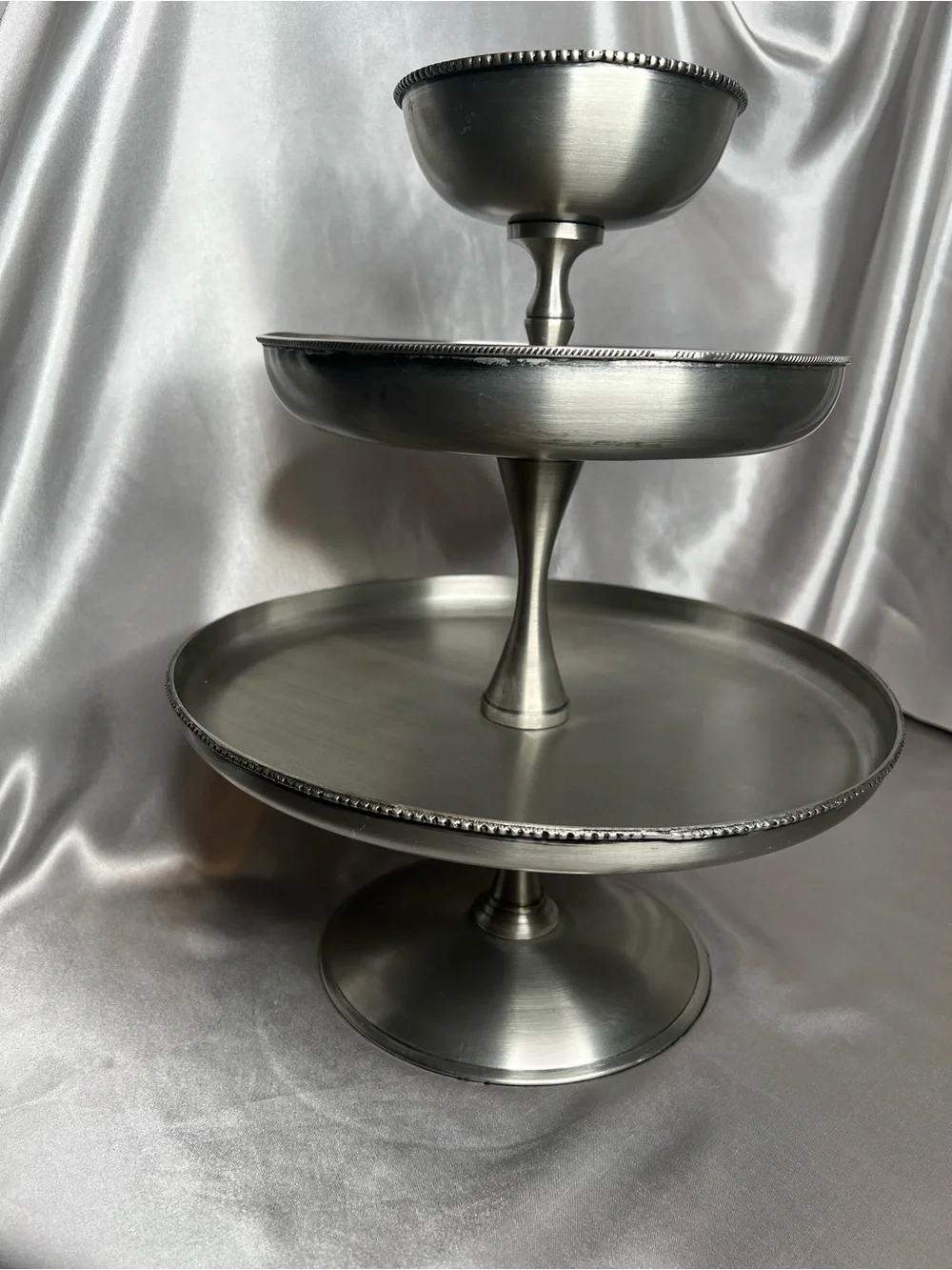 Pottery Barn Antique Silver 3-Tier Serving Stand Beaded Trim Dessert Buffet Tray